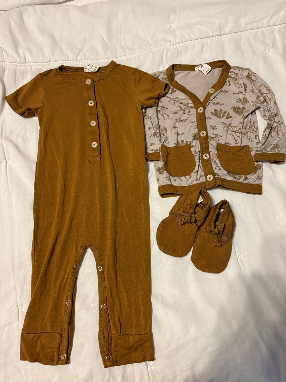 EUC Kate Quinn bronze deer jumpsuit cardigan and bootie bundle 6-12